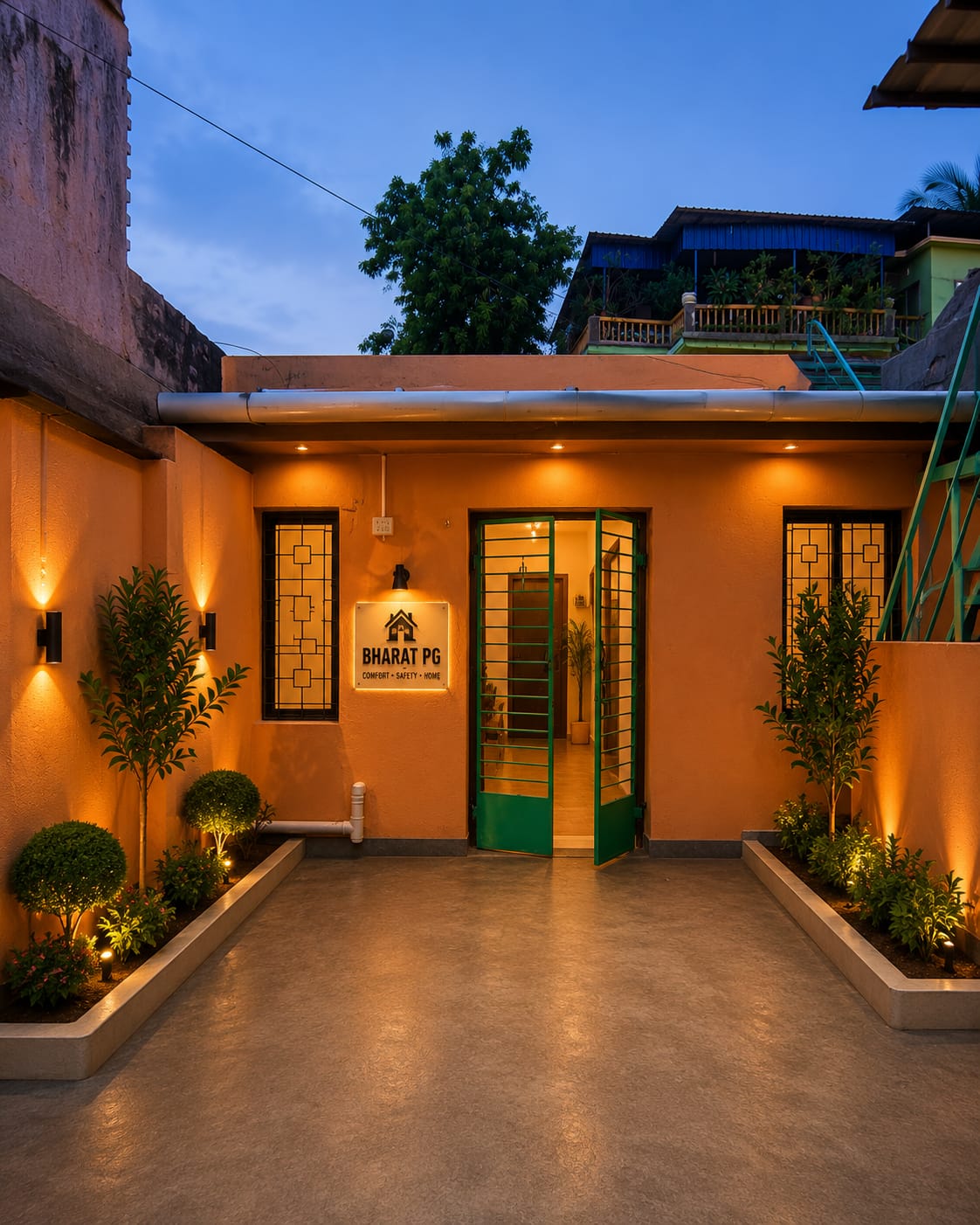 Warm exterior lighting at Bharat PG entrance