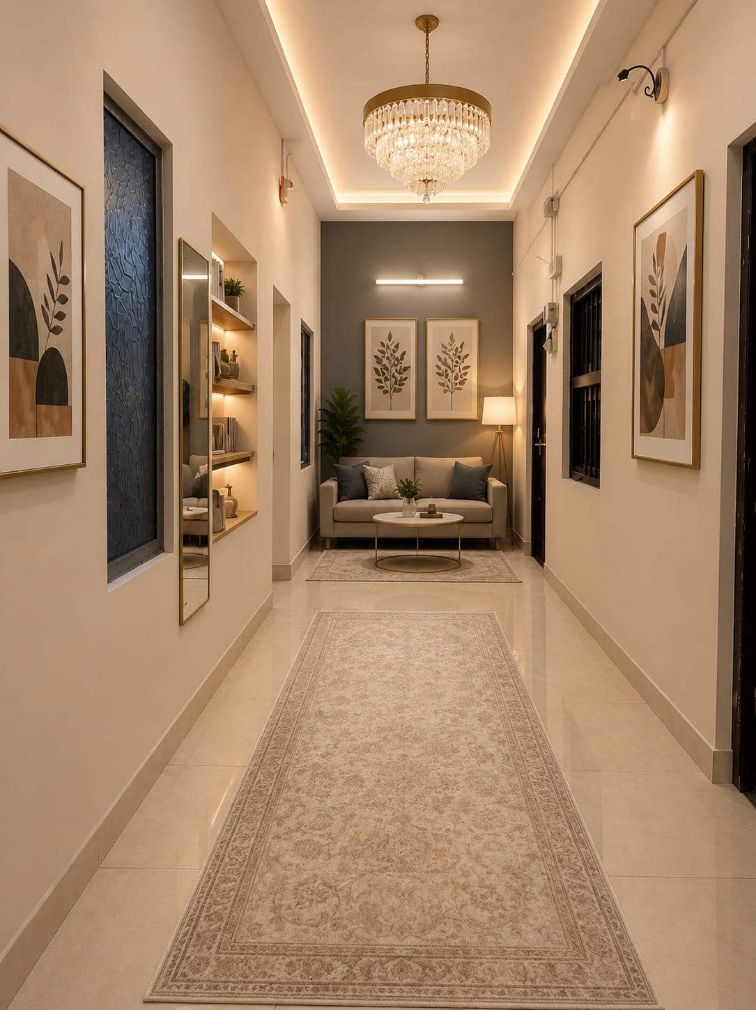 Interior lounge and hallway at Bharat PG with chandelier and modern décor